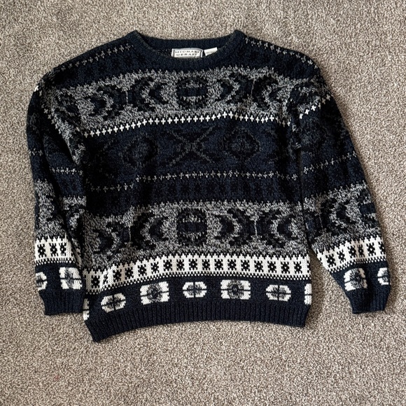 Men's Navy and White Patterned Crewneck Sweater - Picture 1 of 1
